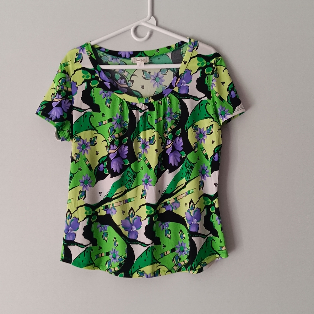 Casual Land Short-Sleeve Blouse Floral Bright Green Purple Yellow White Size 2XL - Picture 7 of 7